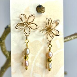 Dainty Floral Brass Dangling Earrings With Authentic Cultured Pearls